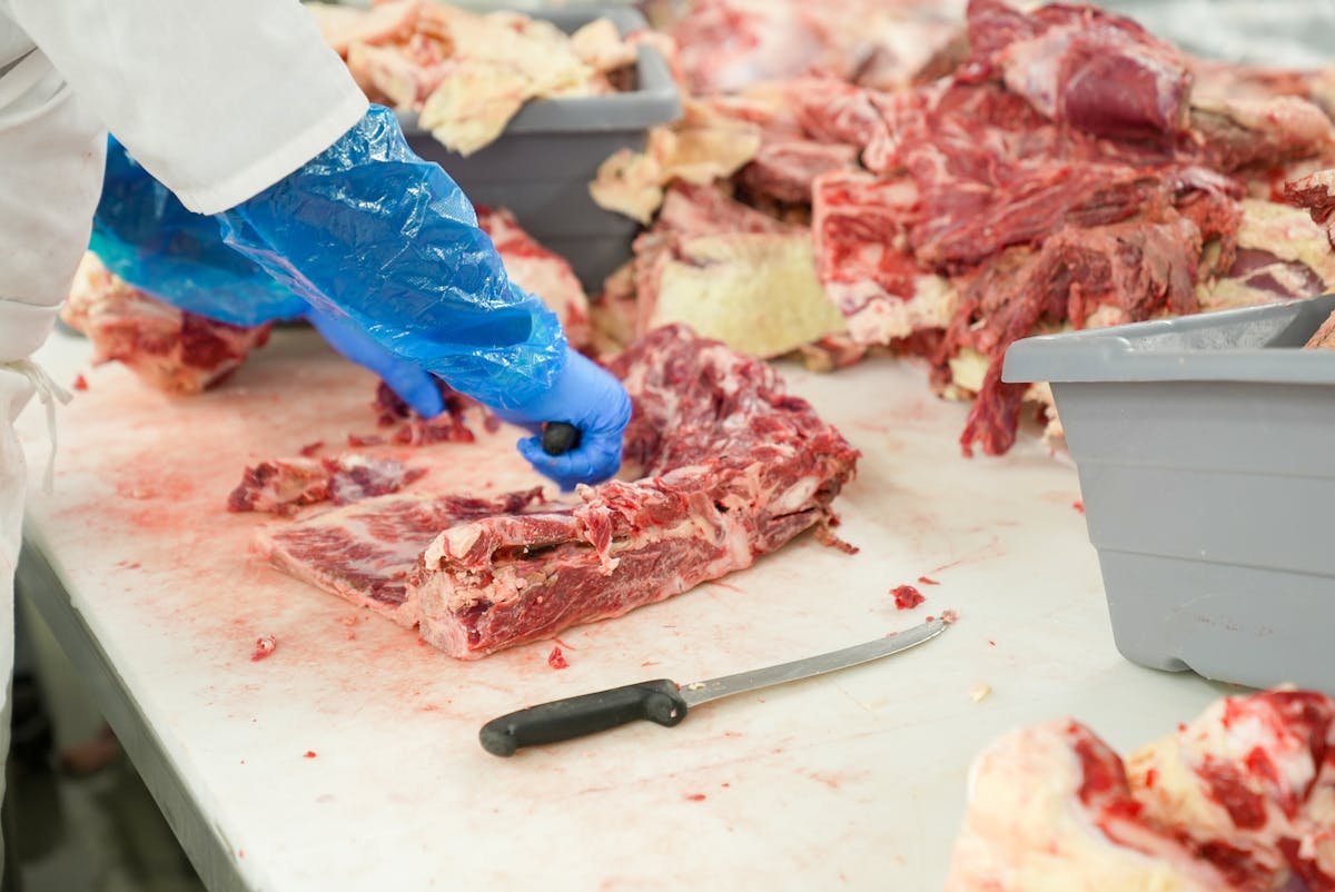 Butcher slicing raw beef on a cutting board with a sharp knife, the same technique used to trim fat cap on a whole packer brisket